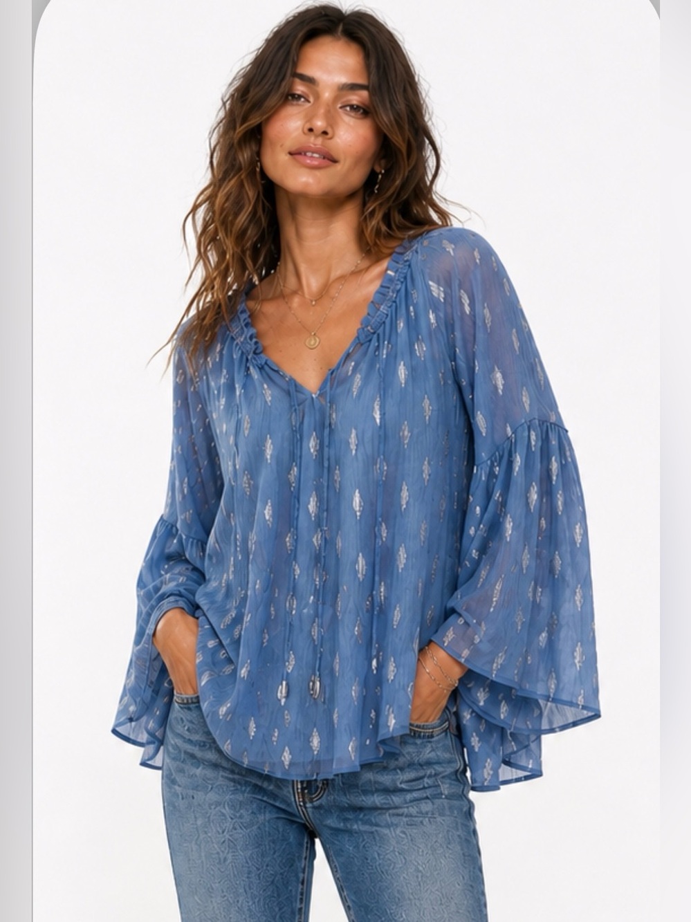 Jennifer Lopez Dusty Blue and Silver Blouse
